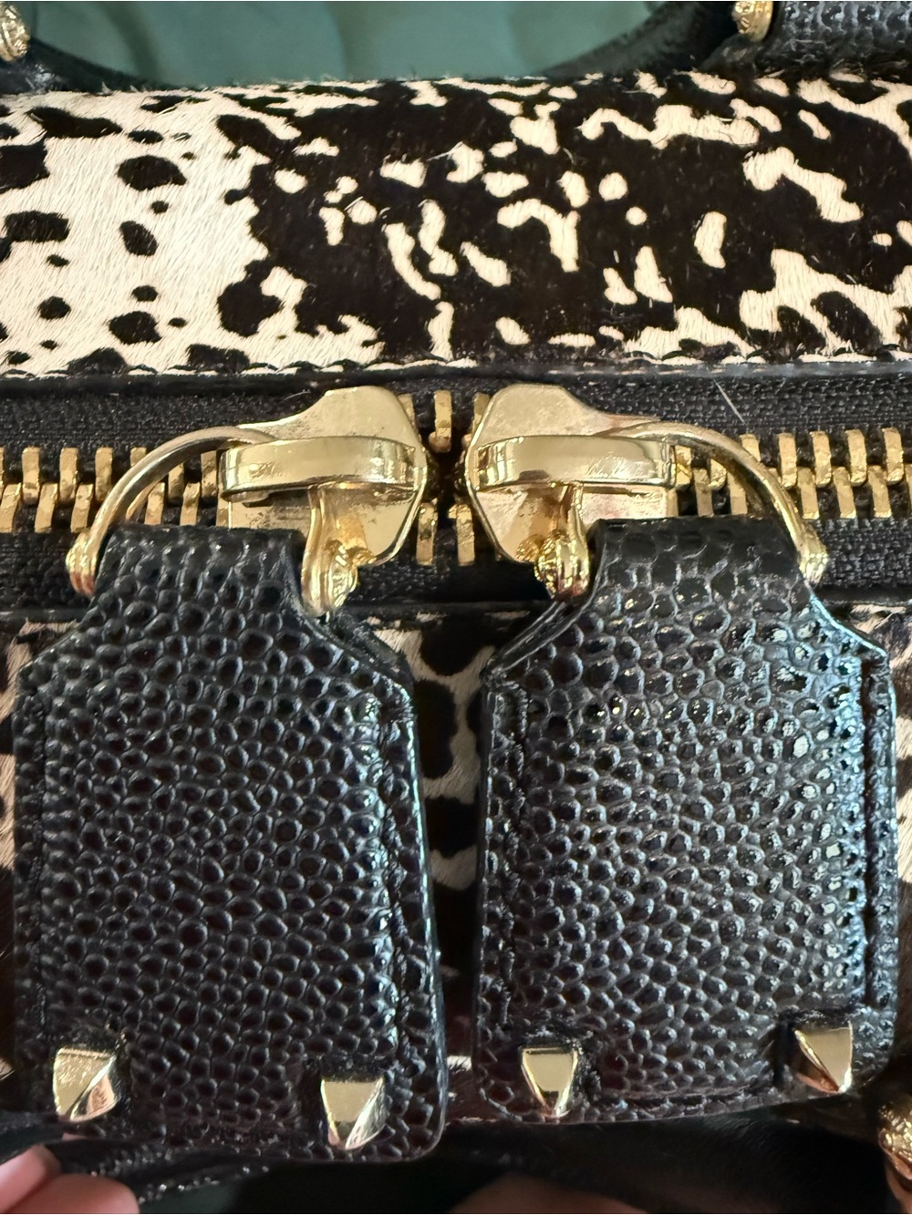 Black and White Cowhide-Print Satchel with Black Leather Trim - Picture 3 of 7